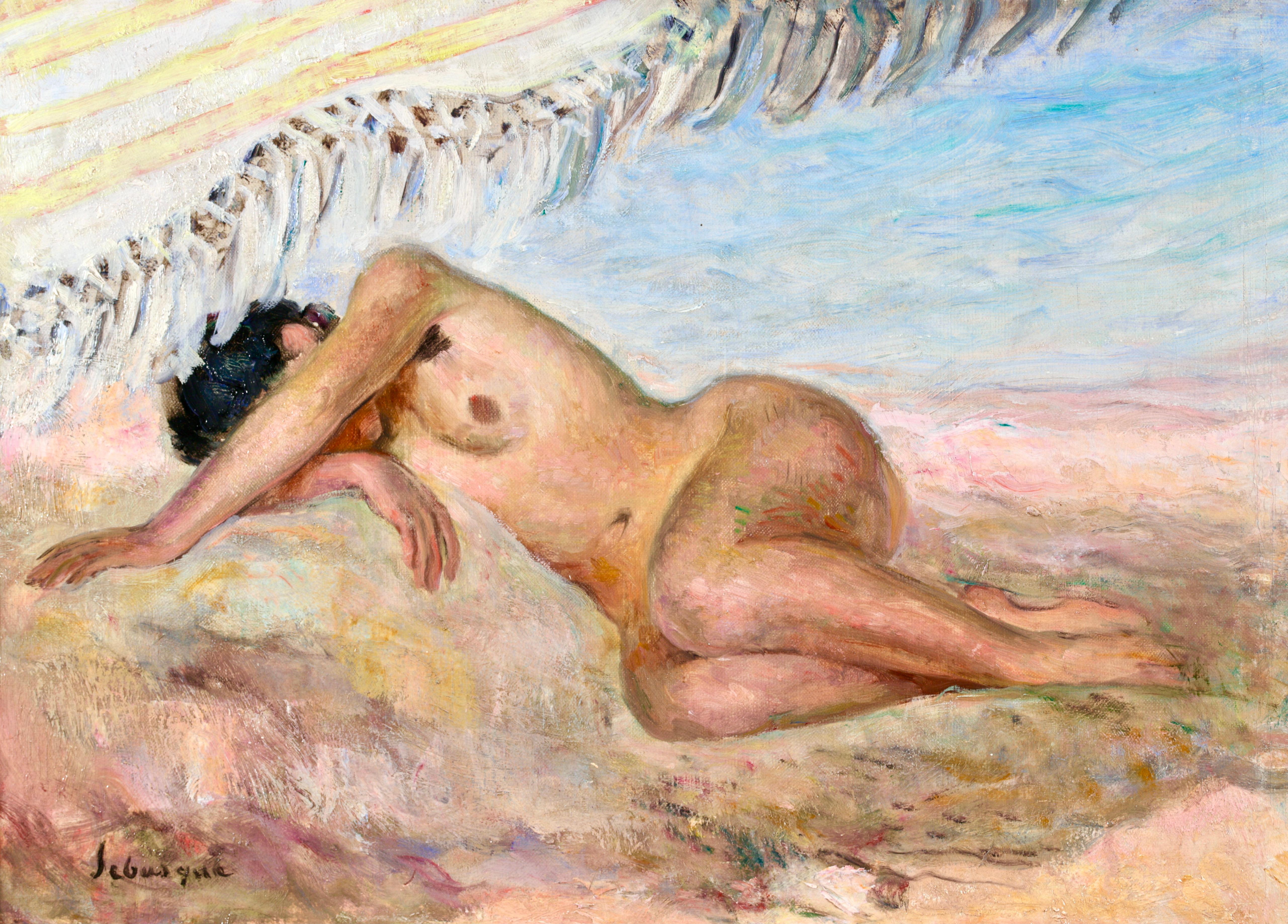 Signed oil on canvas circa 1920 by French post impressionist painter Henri Lebasque. The work depicts a nude brunette woman lying on a beach, her arm draped over her head covering her face. A beautifully brushed piece.

Signature:
Signed lower