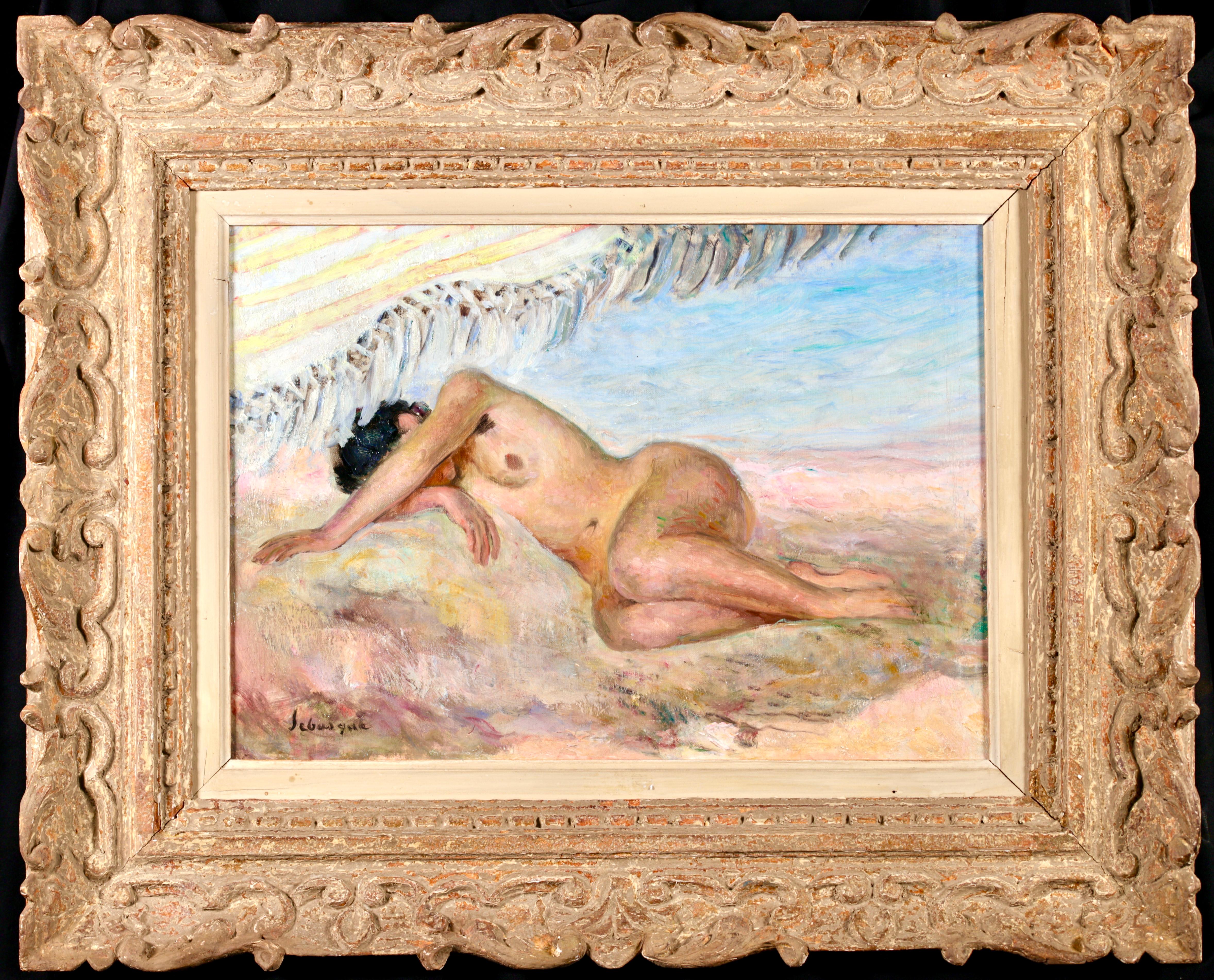 Huile sur toile signée vers 1920 par le peintre post-impressionniste français Henri Lebasque. L'œuvre représente une femme brune nue allongée sur une plage, son bras drapé sur sa tête couvrant son visage. Une pièce magnifiquement brossée.

Signature