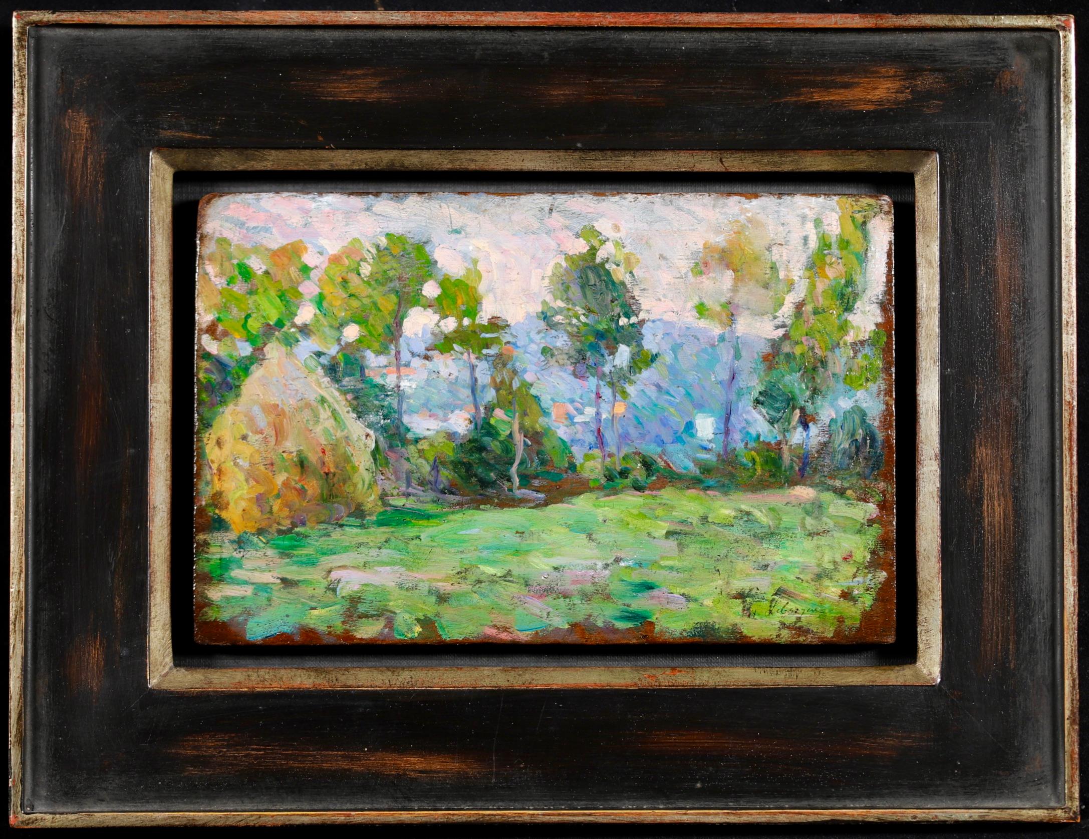 Signed oil on panel landscape circa 1900 by French post impressionist painter Henri Lebasque. The work depicts a field lined with trees with a haystack to the left. There is a view of the mountains beyond. This work is a study for 
