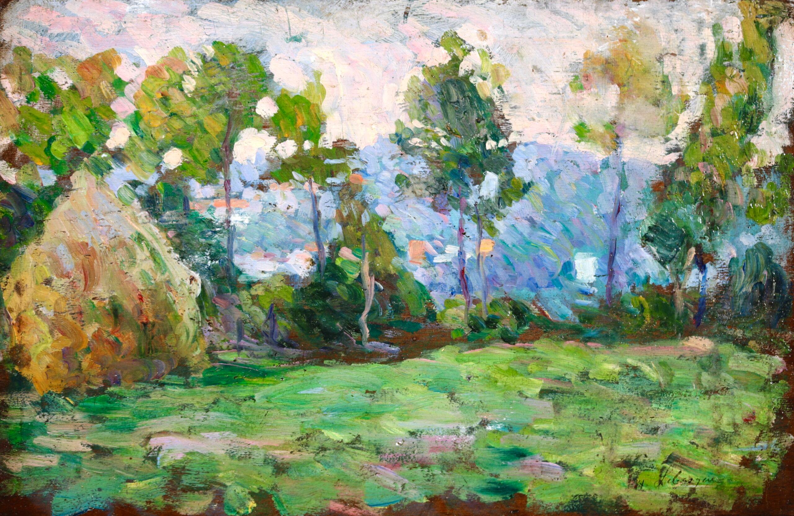 Signed oil on panel landscape circa 1900 by French post impressionist painter Henri Lebasque. The work depicts a field lined with trees with a haystack to the left. There is a view of the mountains beyond. This work is a study for "Paysage avec une