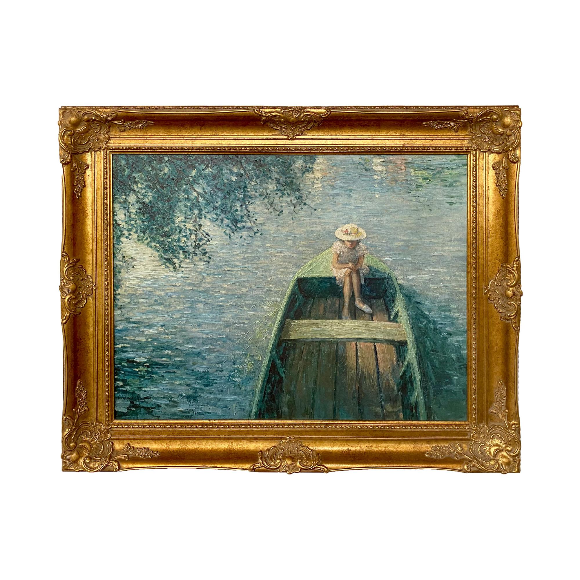 An enchanting print on canvas inspired by The French post-impressionistic Henri le Basque (French 1865 - 1937), a serene tableau unfolds along the picturesque banks of the French River La Marne. The central figure, a young girl adorned in an elegant