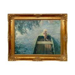 Vintage Impressionistic Print On Cavas of " A Boat on the Marne " after Henri Lebasque 