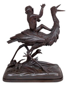 Bronze patiné Henri Lechesne "Heron et singe"