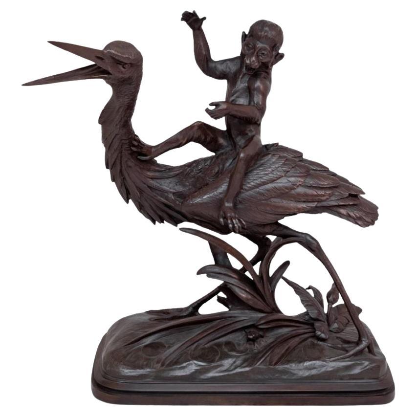 Henri Lechesne "Heron and Monkey" Patinated Bronze