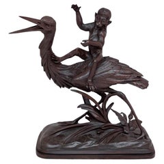 Henri Lechesne "Heron and Monkey" Patinated Bronze