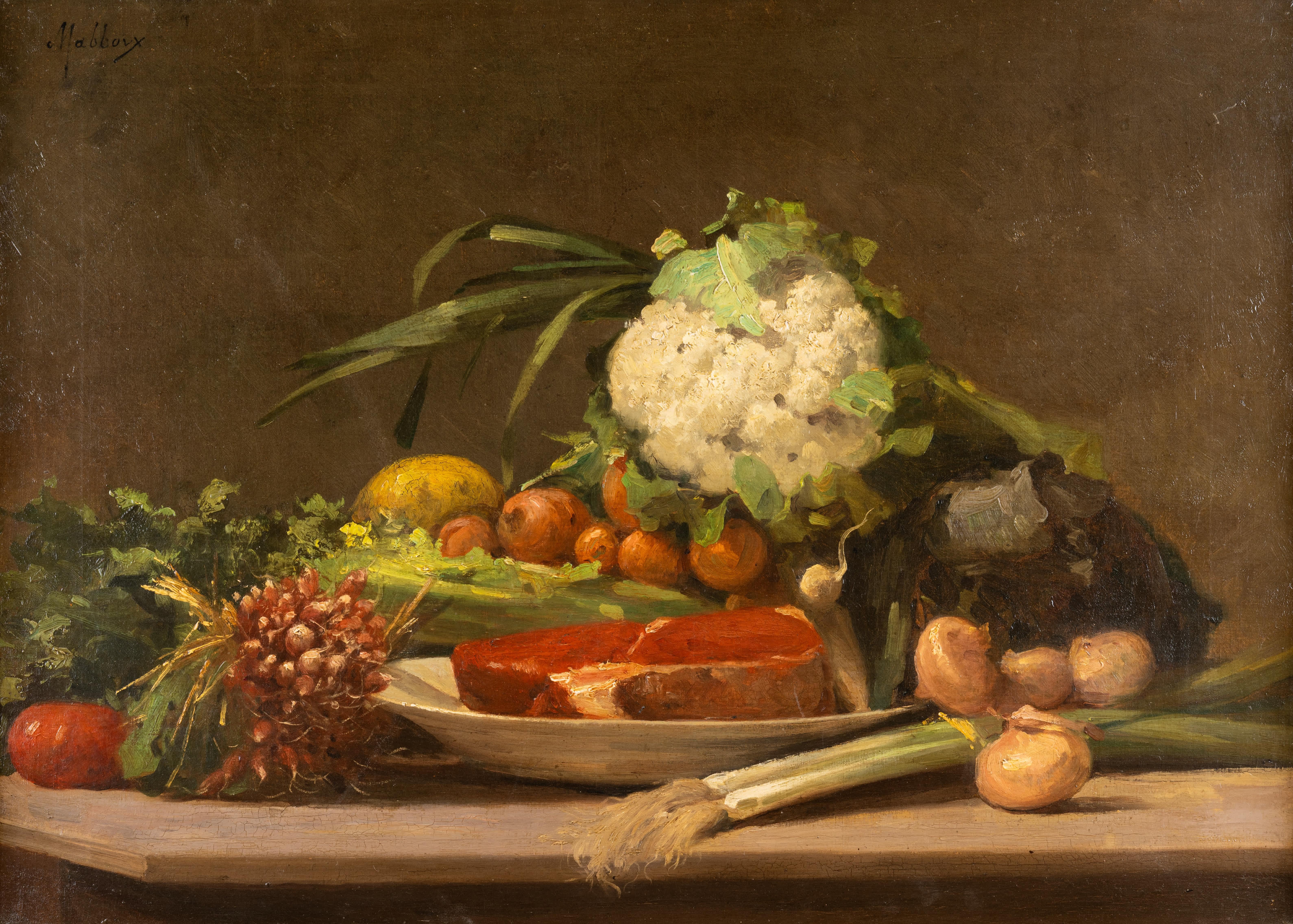 Natura morta con bistecca - Painting di Henri Leon Mabboux