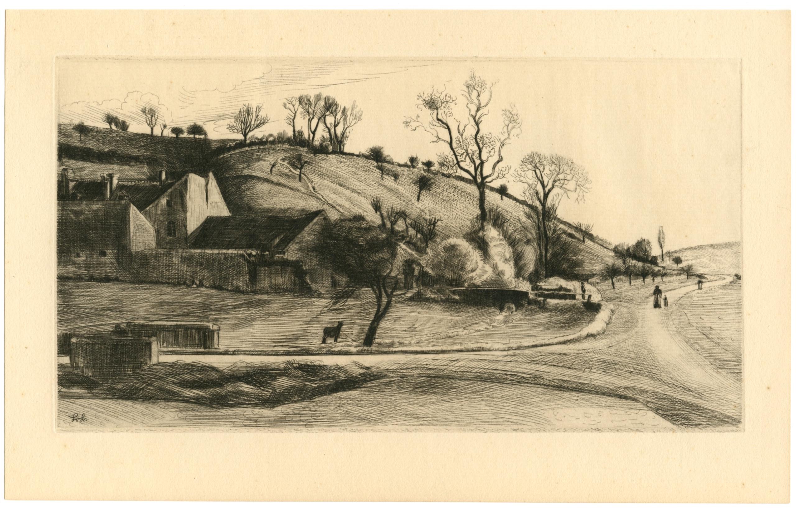 Henri Leopold Levy Landscape Print - "Ferme a Vauhalan" original etching