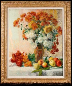Chrysanthemums & Apples on a Table - Nabis Still Life Oil by Henry Lerolle