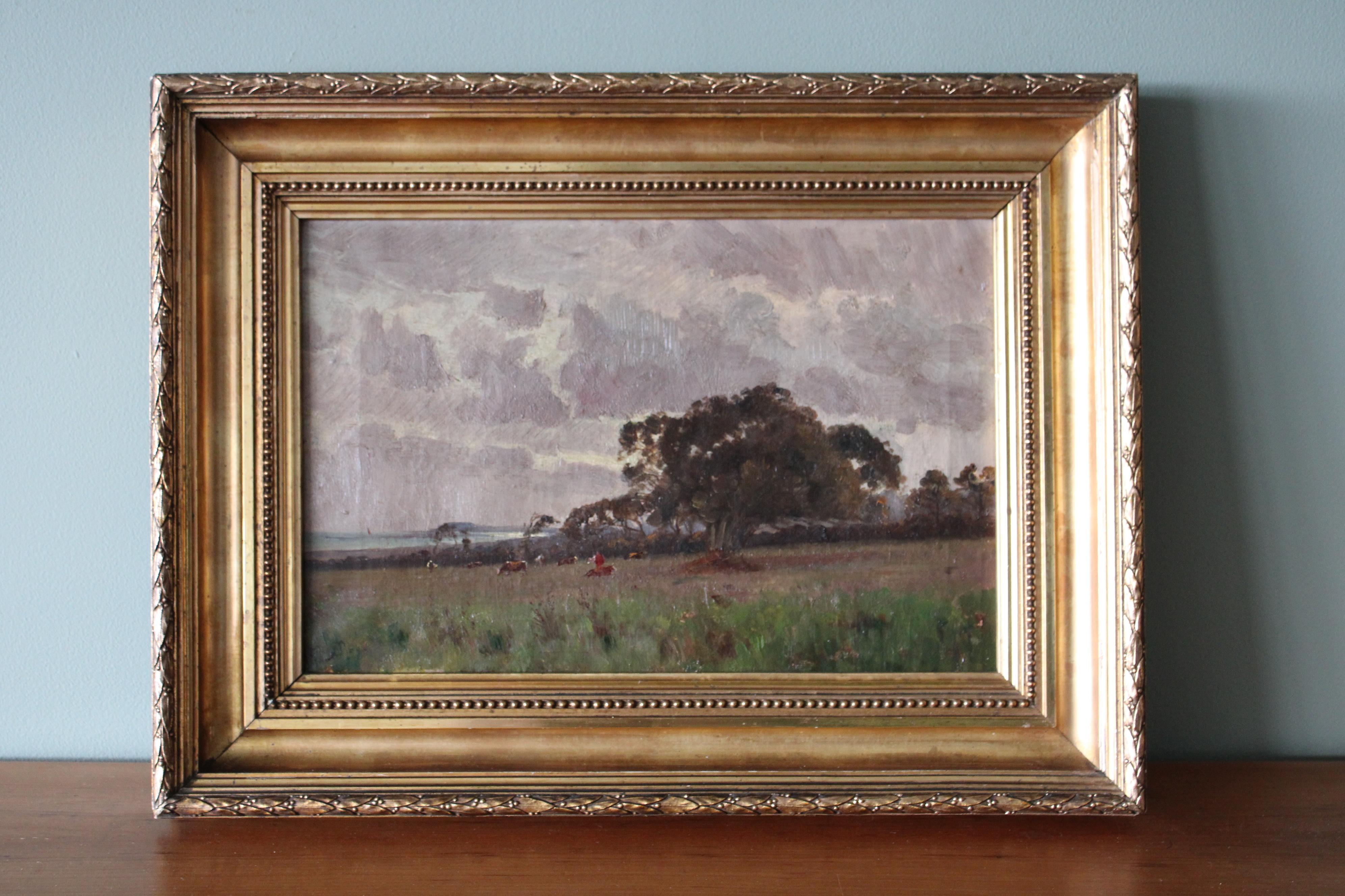 Antique French Impressionist Oil Painting of Cows in a Coastal Meadow For Sale 9