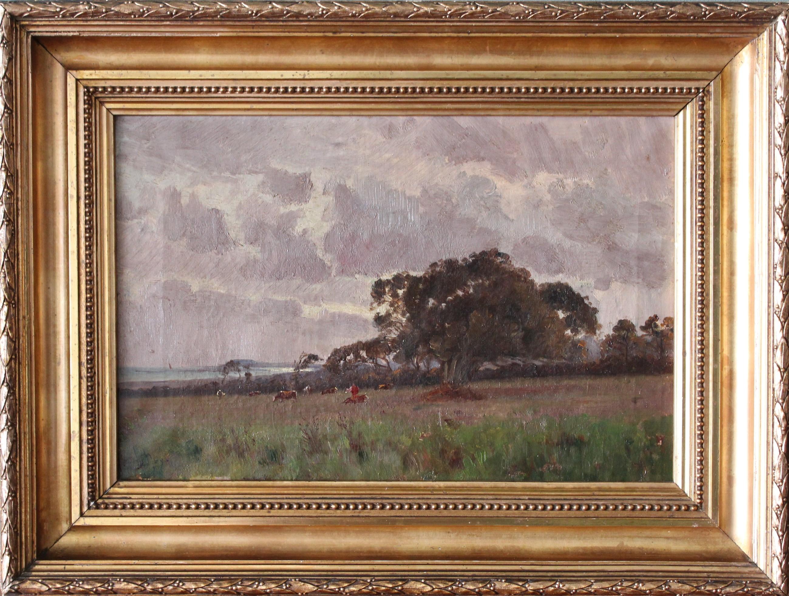 Henri LeRoy Landscape Painting - Antique French Impressionist Oil Painting of Cows in a Coastal Meadow