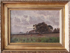 Ancienne peinture à l'huile impressionniste française représentant des vaches dans une prairie côtière