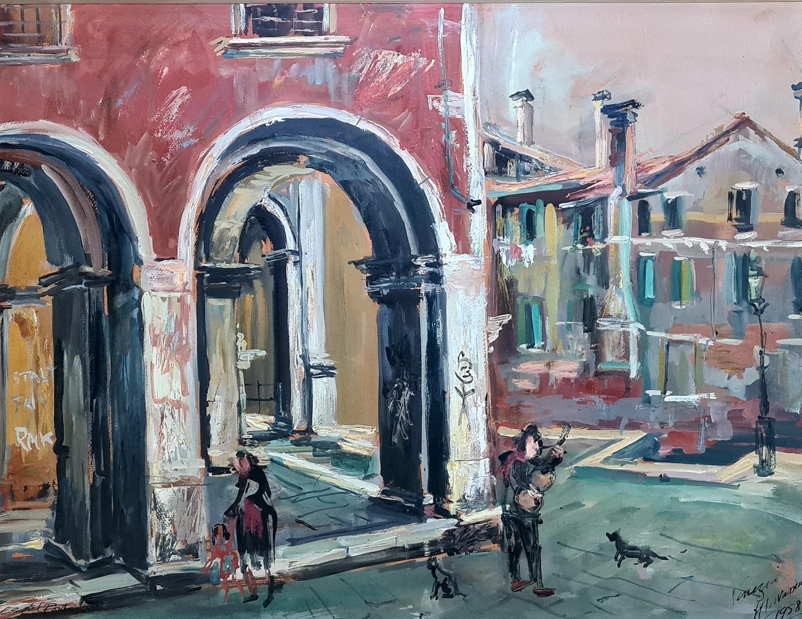 Venice, La Serenissima, Castel Ponte, Post Impressionist Urban Landscape - Painting by Henri Levasseur