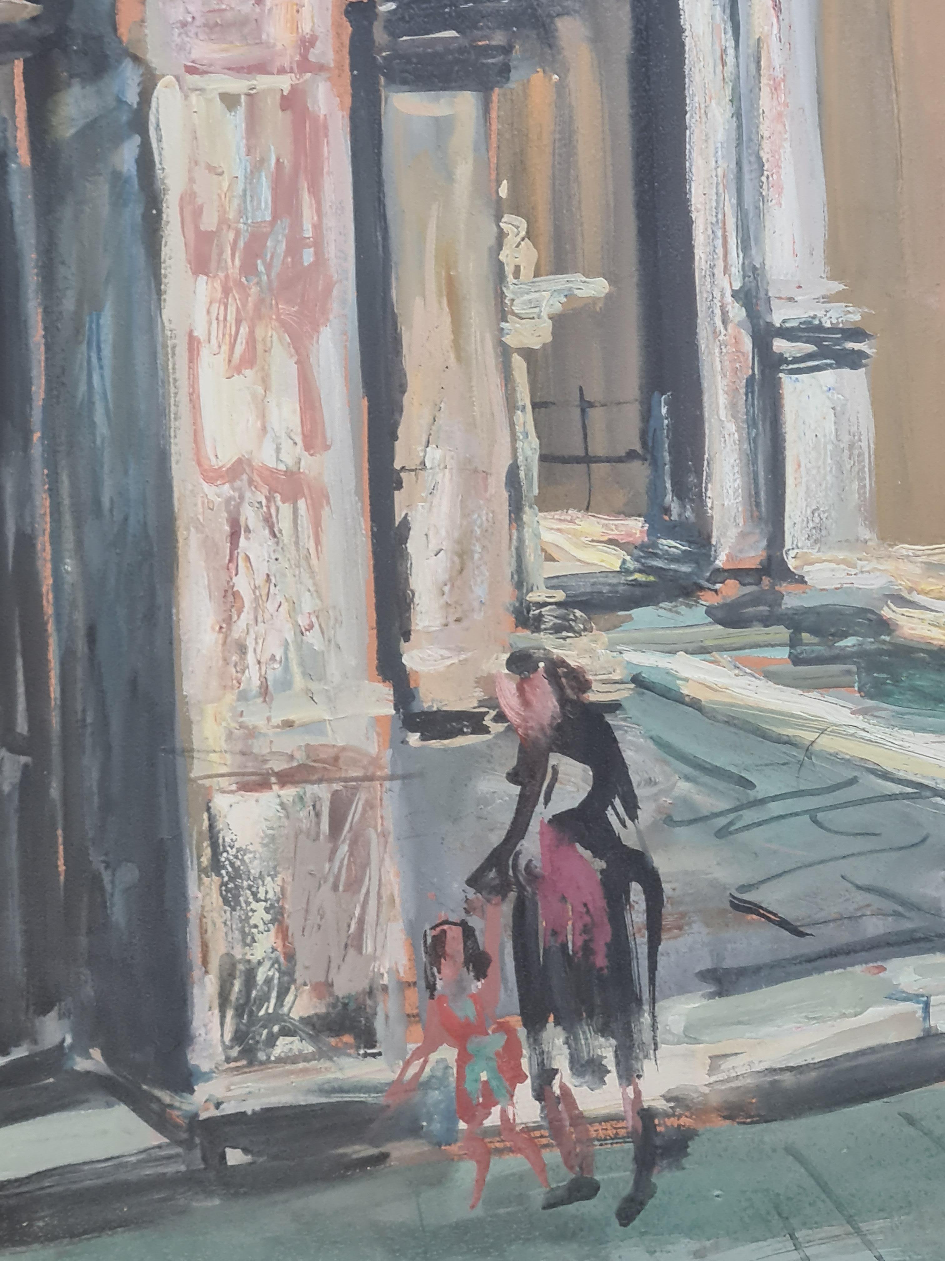 Venice, Italy, mid century urban view 0f daily life in this iconic city by Henri Levasseur. The painting is signed and dated bottom right and titled bottom left. Presented in a fine gilt wooden frame with card card mount under glass.

This charming