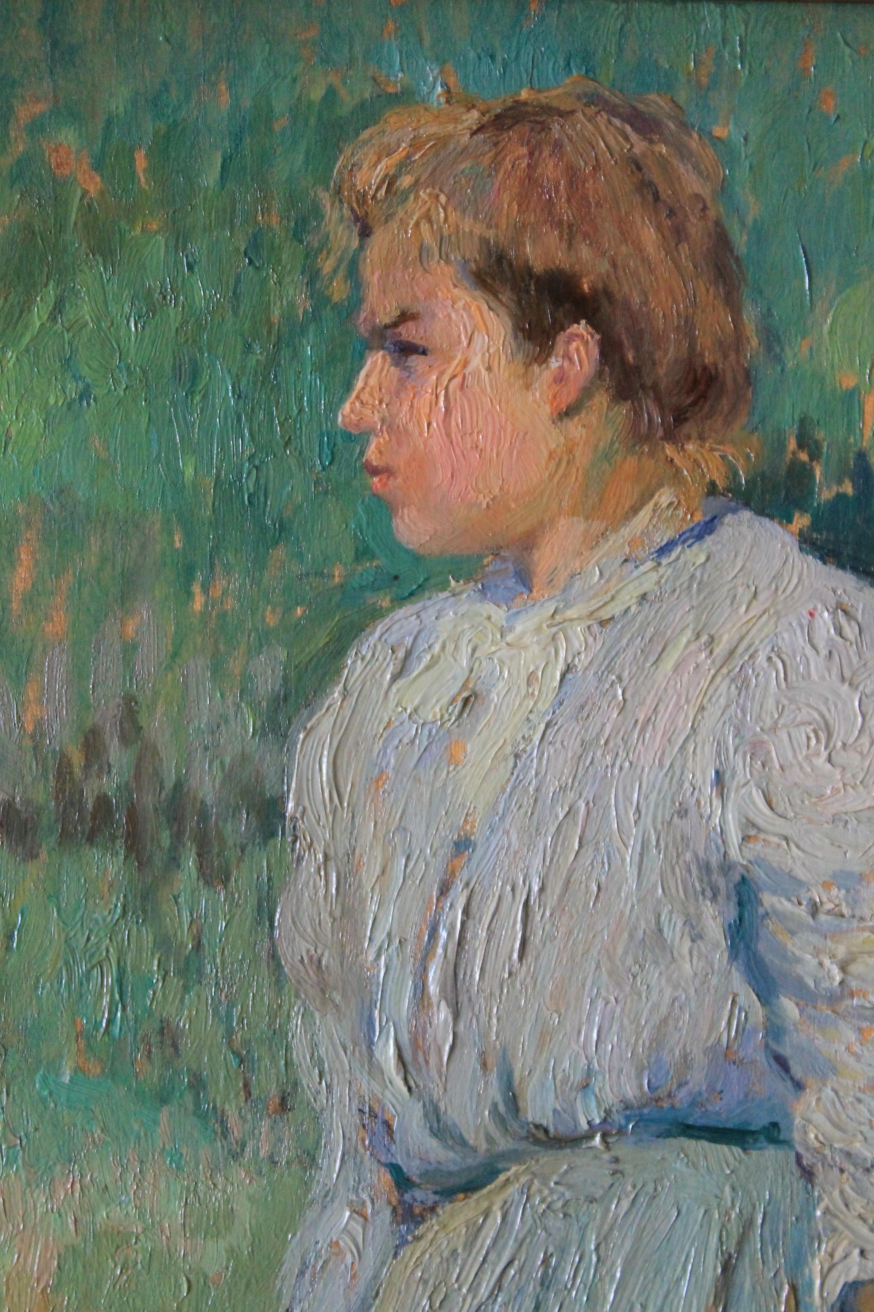 Ritratto di donna, dipinto a olio figurativo di Henri Levieux 7