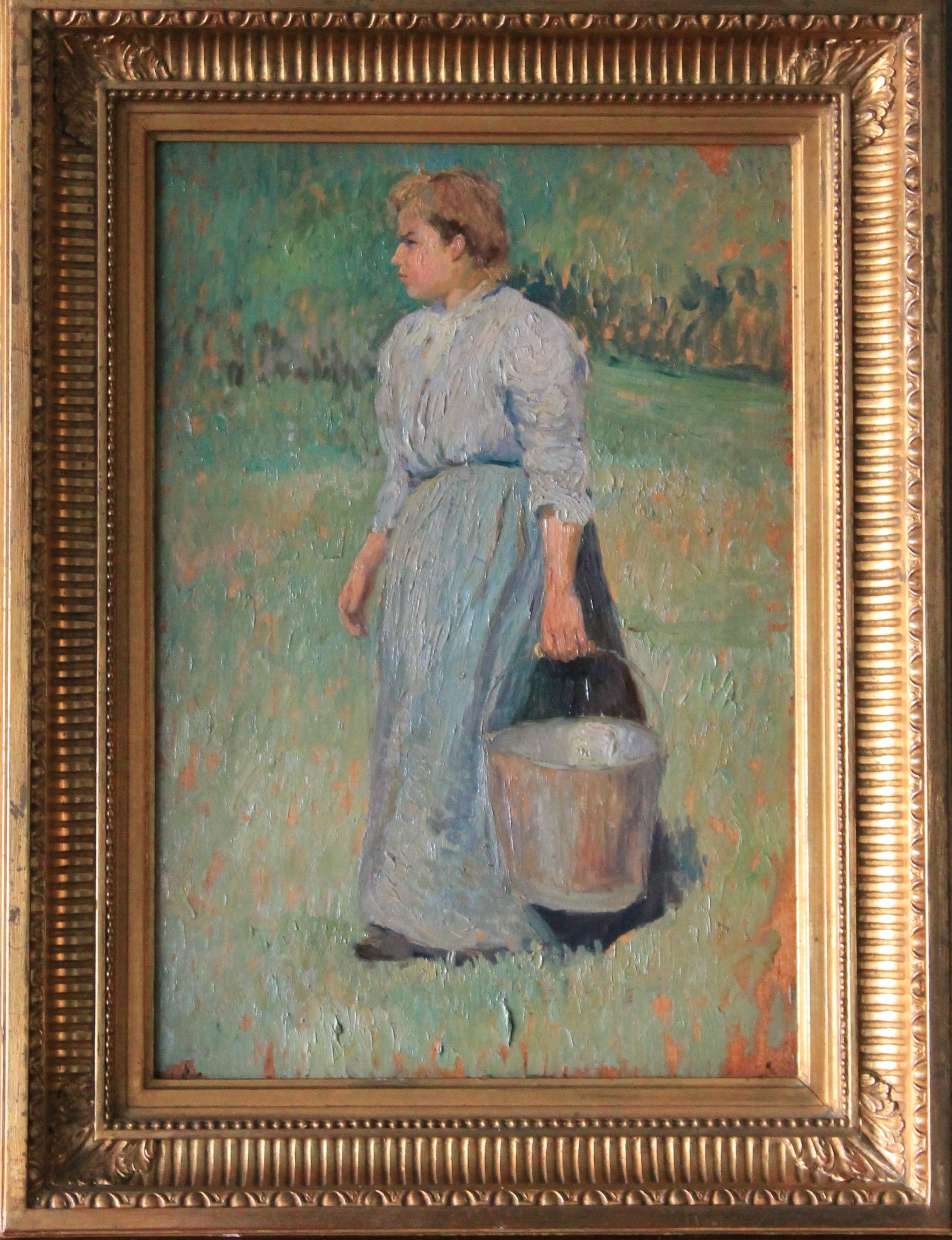 Accattivante dipinto d'epoca a olio su legno attribuito a Henri Levieux (1800 - 1900 non firmato) di una donna che trasporta un secchio in un paesaggio. Dipinto ad olio figurativo di una donna. Questo quadro impressionista è splendidamente composto