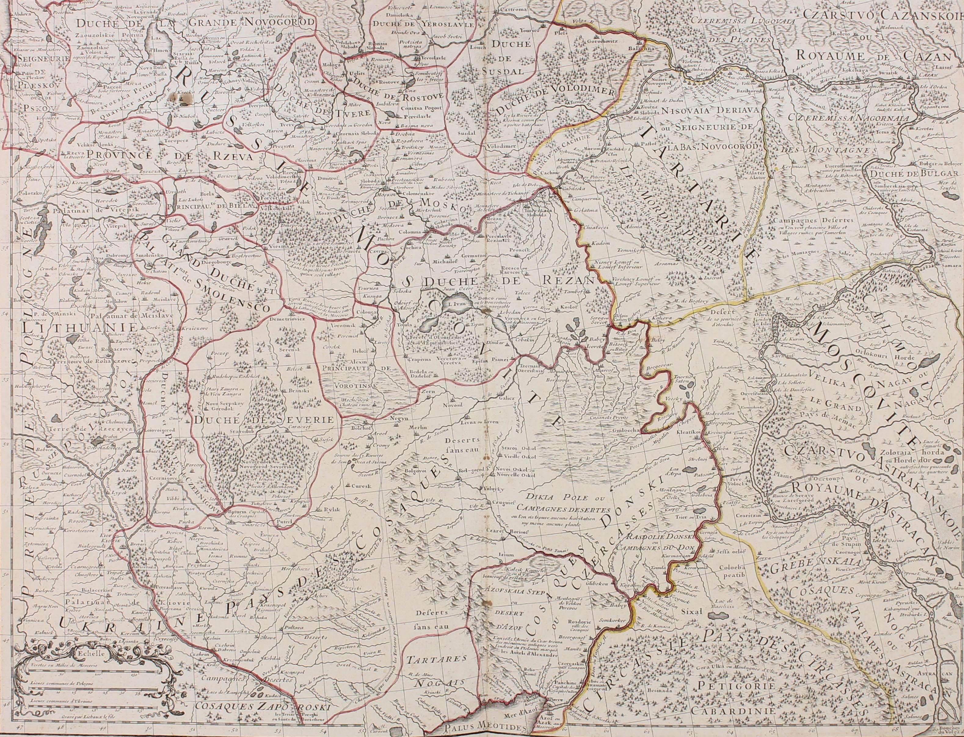 A early 18th Century map showing a section of Muscovite Russia. This is the lower half of the complete original map, finished with hand colouring. The artist's names are engraved in plate at the lower left underneath the scale bar. On laid.