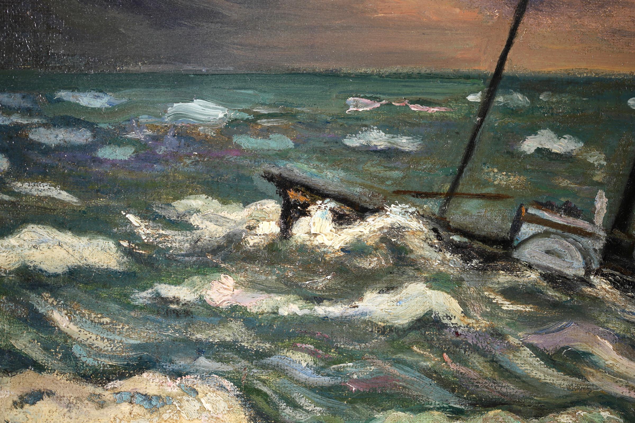 Stormy Weather - Honfleur - Post Impressionist Oil, Seascape by H de Saint-Delis For Sale 5