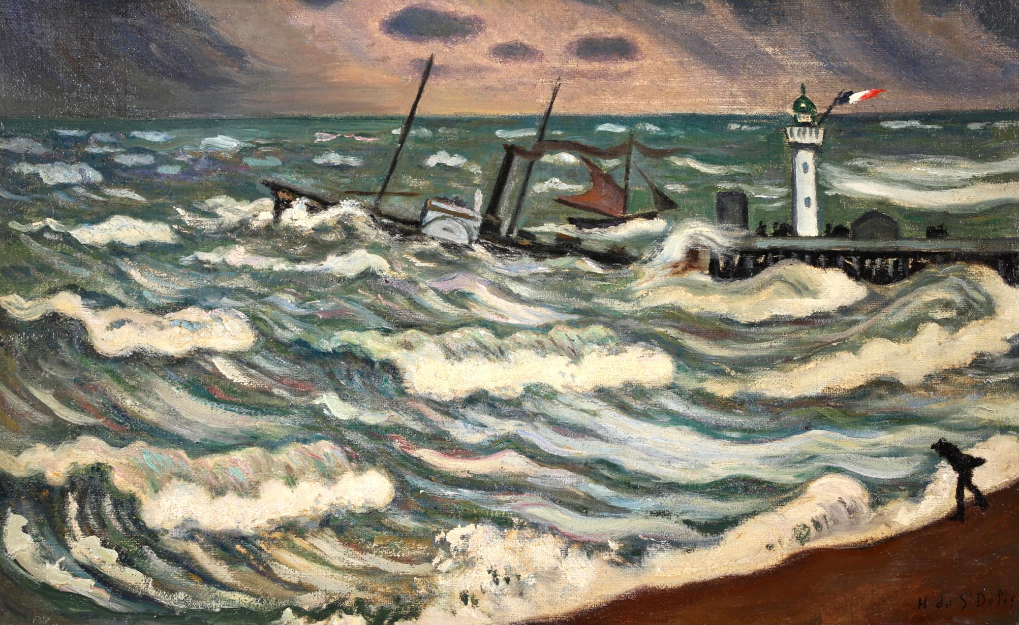 Stormy Weather - Honfleur - Postimpressionistisches Ölgemälde, Meereslandschaft von H de Saint-Delis – Painting von Henri Liénard de Saint-Délis