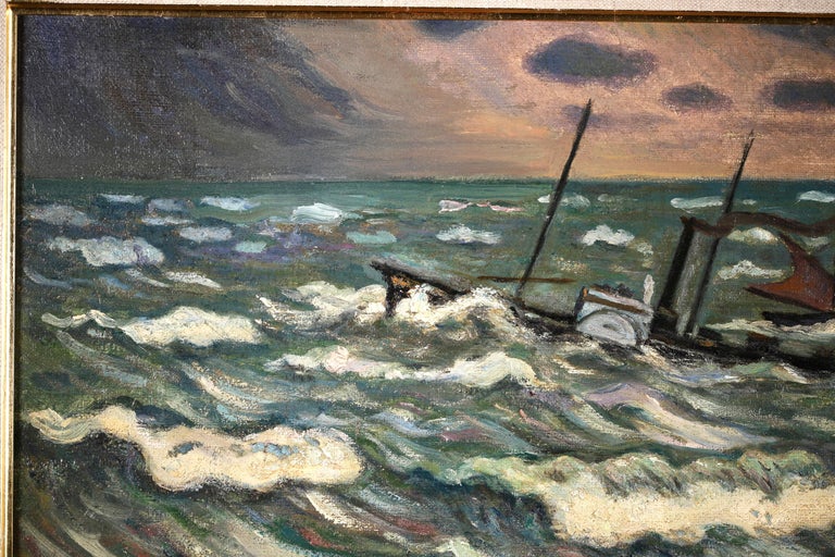 Stormy Weather - Honfleur - Post Impressionist Oil, Seascape by H de Saint-Delis - Gray Landscape Painting by Henri Liénard de Saint-Délis