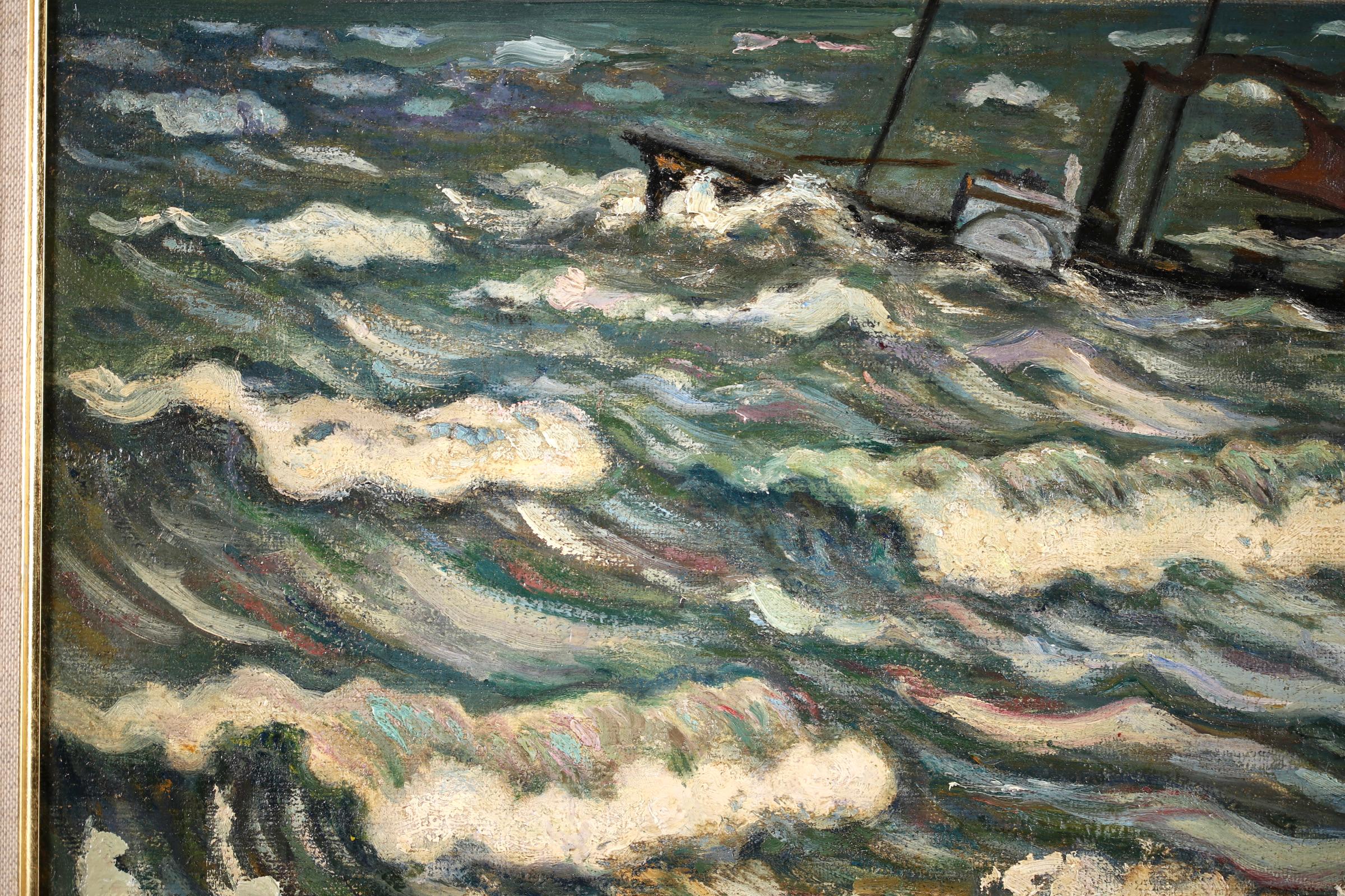 Ein wunderschönes Öl auf Leinwand um 1908 des französischen postimpressionistischen Malers Henri Liénard de Saint-Délis, das ein im Hafen von Honfleur, Nordfrankreich, bei stürmischer See angedocktes Boot darstellt. Eine schemenhafte Gestalt, die im