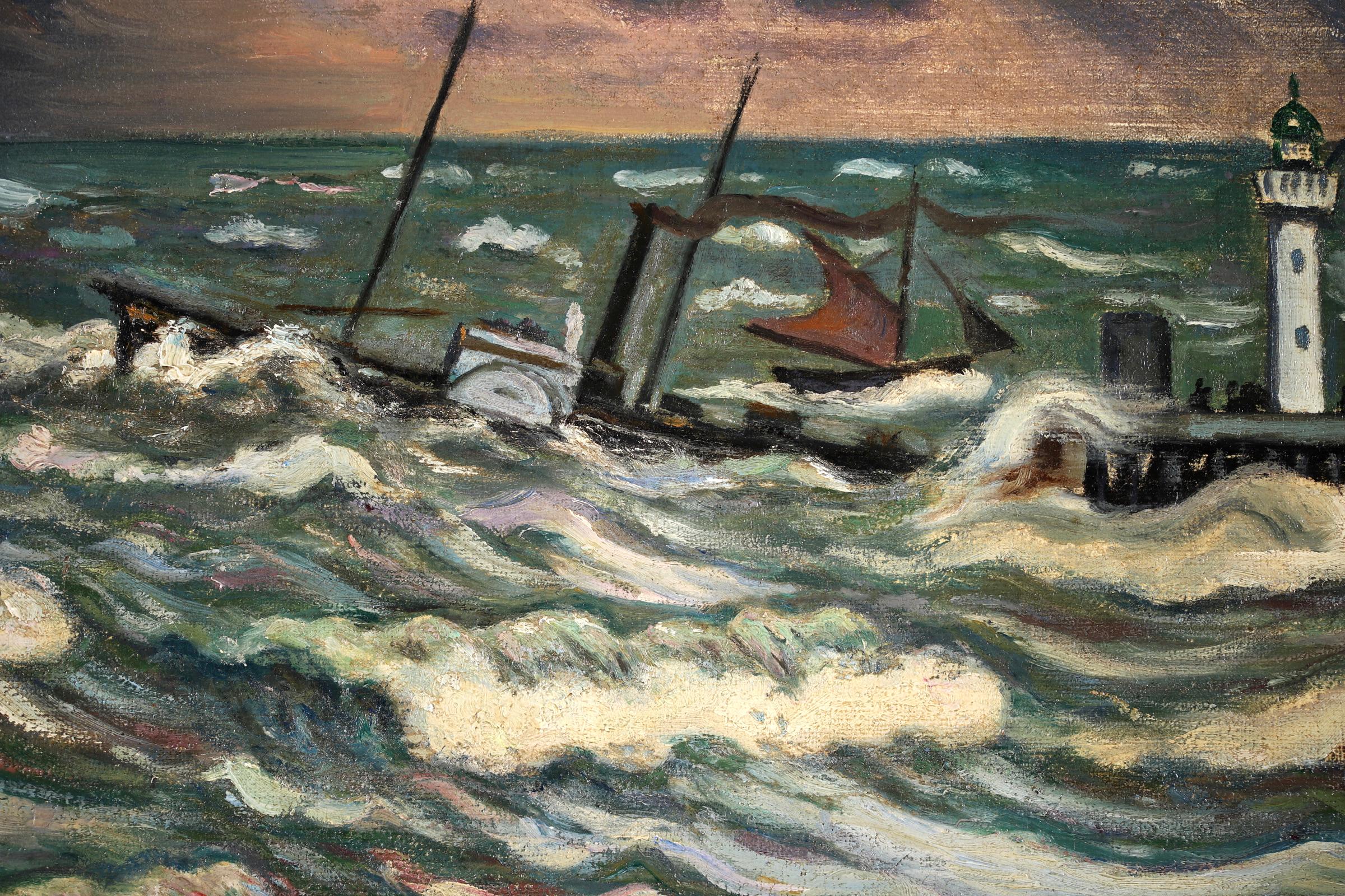 A wonderful oil on canvas circa 1908 by French post impressionist painter Henri Liénard de Saint-Délis depicting a boat docked at the harbour in the harbour at Honfleur, Northern France, in a stormy sea. A shadowy figure standing on the beach in the