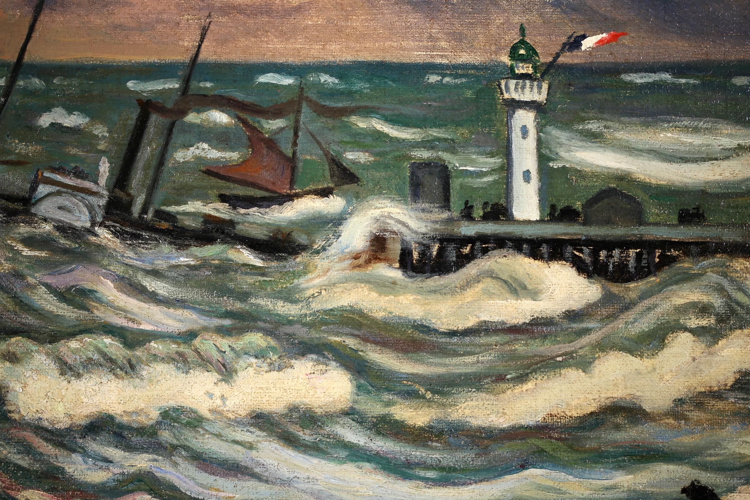 Orage - Honfleur - Huile post-impressionniste, paysage marin par H de Saint-Delis en vente 1
