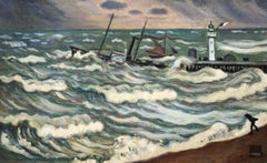 Orage - Honfleur - Huile post-impressionniste, paysage marin par H de Saint-Delis