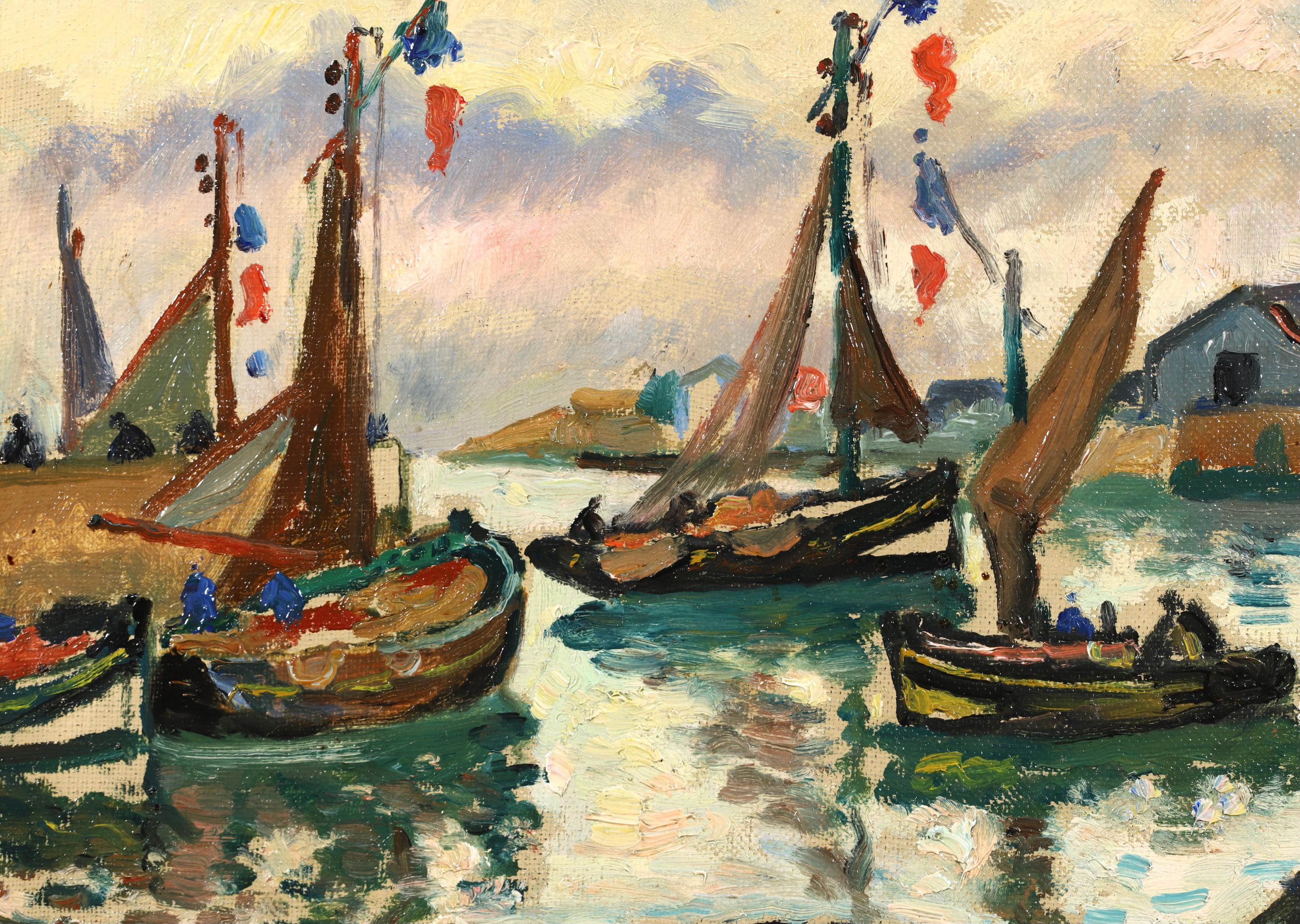 The Harbour at Honfleur - Post Impressionist Seascape Oil - Henri de Saint-Delis - Post-Impressionist Painting by Henri Liénard de Saint-Délis
