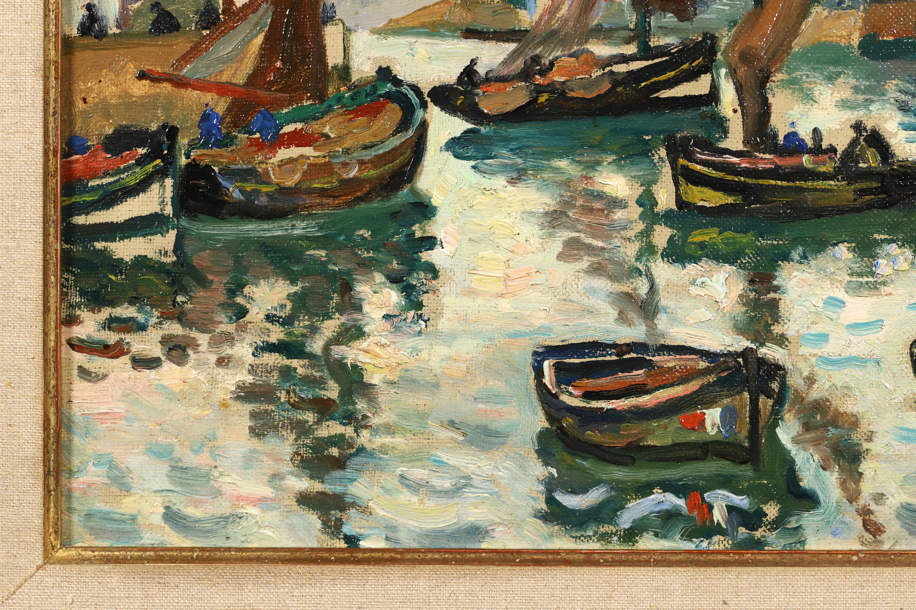 Signed oil on board figures in seascape painting circa 1910 by French post impressionist painter Henri Liénard de Saint-Délis. The work depicts sailing boats in the harbour flying the French Tricolore flag.

Signature:
Signed lower