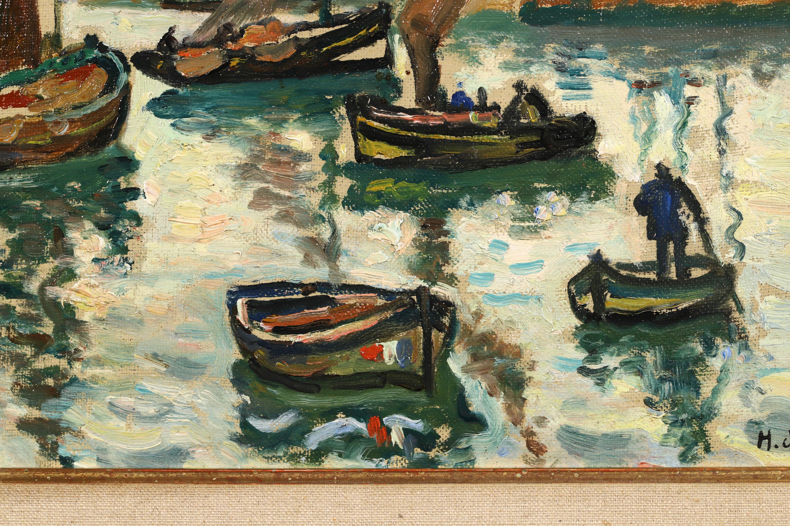 Signed oil on board figures in seascape painting circa 1910 by French post impressionist painter Henri Liénard de Saint-Délis. The work depicts sailing boats in the harbour flying the French Tricolore flag.

Signature:
Signed lower