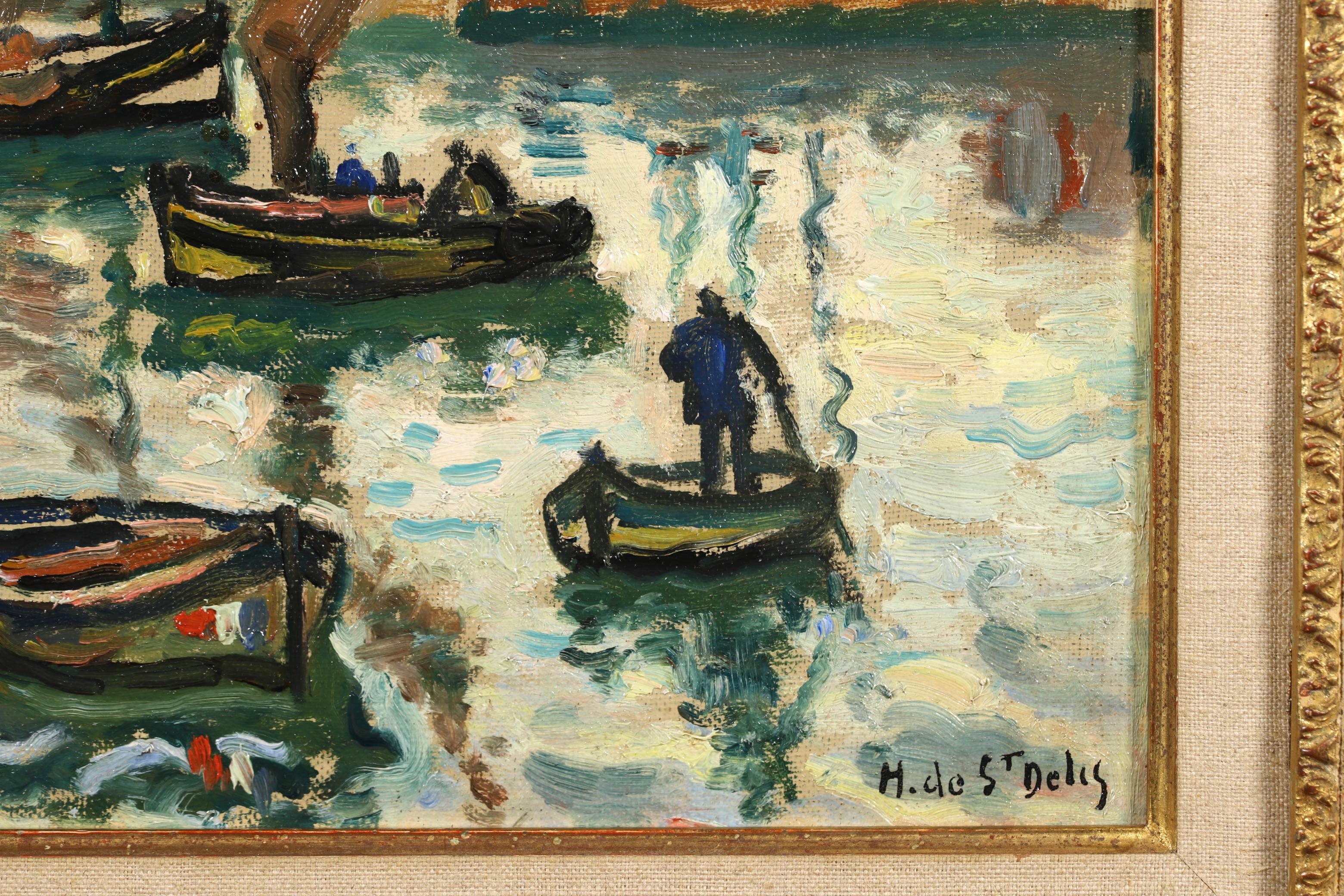 Huile sur panneau signée représentant des personnages dans un paysage marin vers 1910 par le peintre post impressionniste français Henri Liénard de Saint-Délis. L'œuvre représente des voiliers dans le port arborant le drapeau tricolore