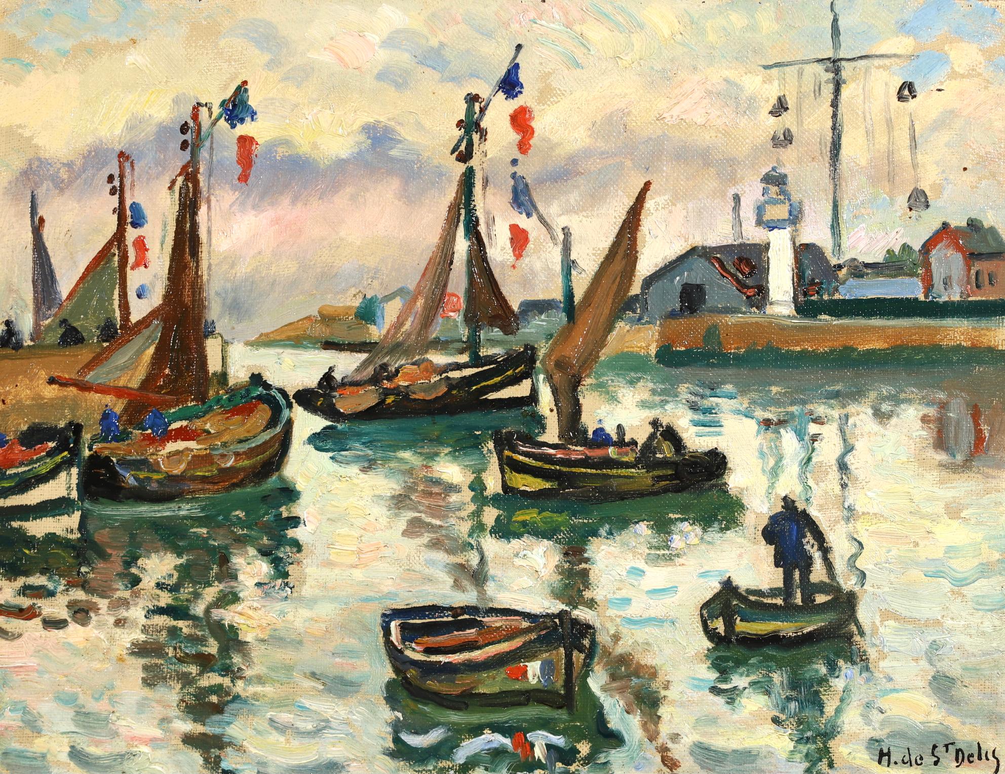 The Harbour at Honfleur - Post Impressionist Seascape Oil - Henri de Saint-Delis For Sale 3