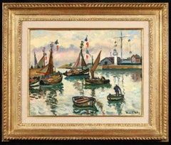 Antique The Harbour at Honfleur - Post Impressionist Seascape Oil - Henri de Saint-Delis