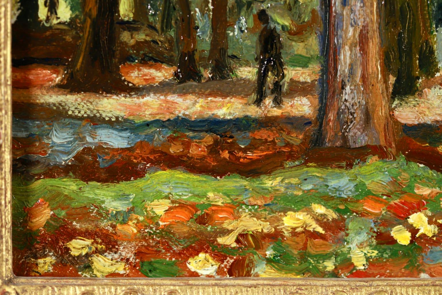 Woodland - Huile post-impressionniste, figure dans un paysage d'Henri de Saint-Delis - Marron Figurative Painting par Henri Liénard de Saint-Délis