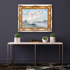 19th century French impressionist painting - Sunrise above a river landscape