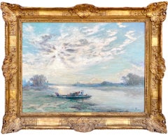 Antique 19th century French impressionist painting - Sunrise above a river landscape 