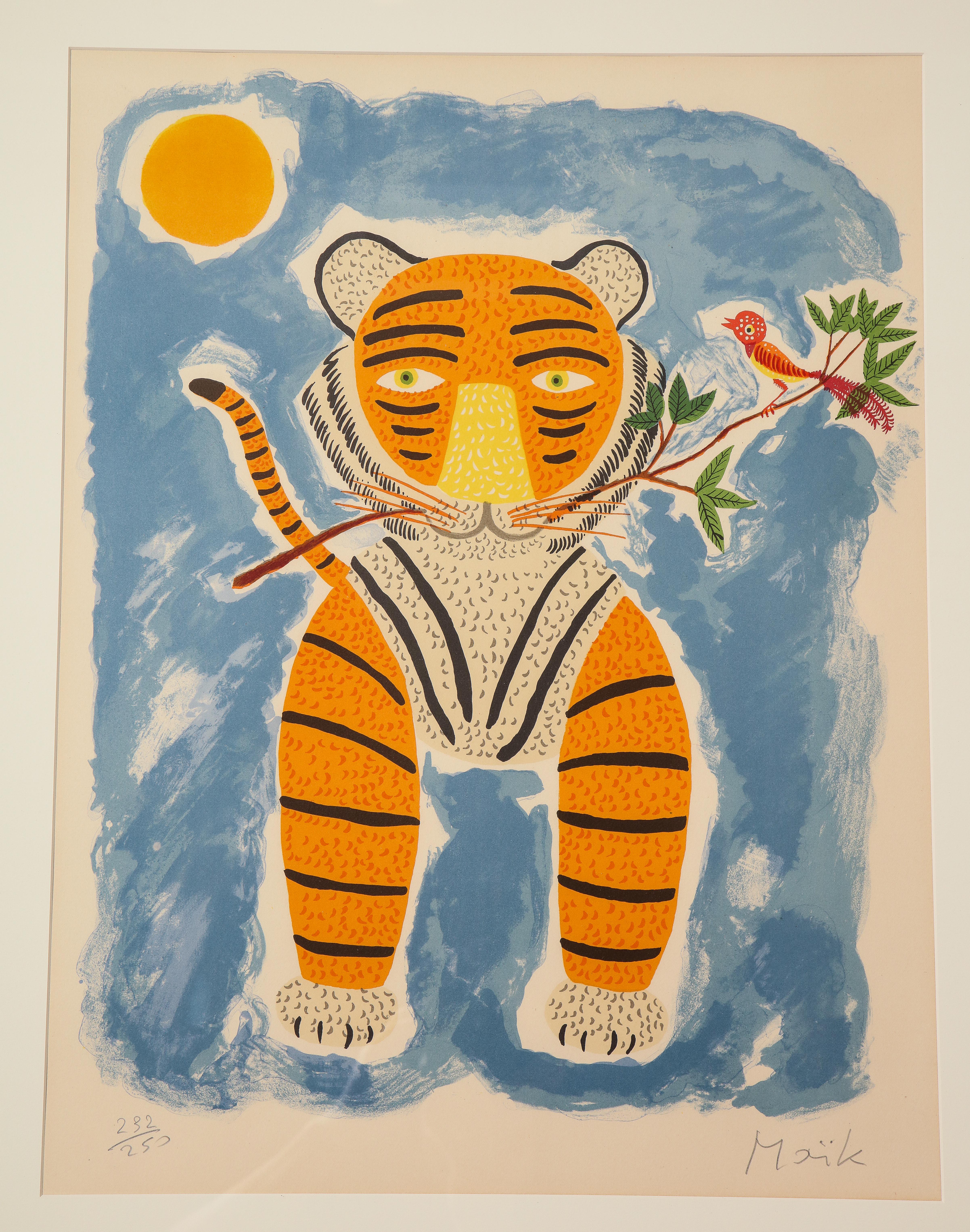 Henri Maik, (1922-1993), Lithograph, Le Tigre, orange, blue, signed and numbered. Naive modern primitive lithograph in colors on wove paper depicting a tiger carrying a bird on branch in his mouth with the sun in the background. Signed by the artist