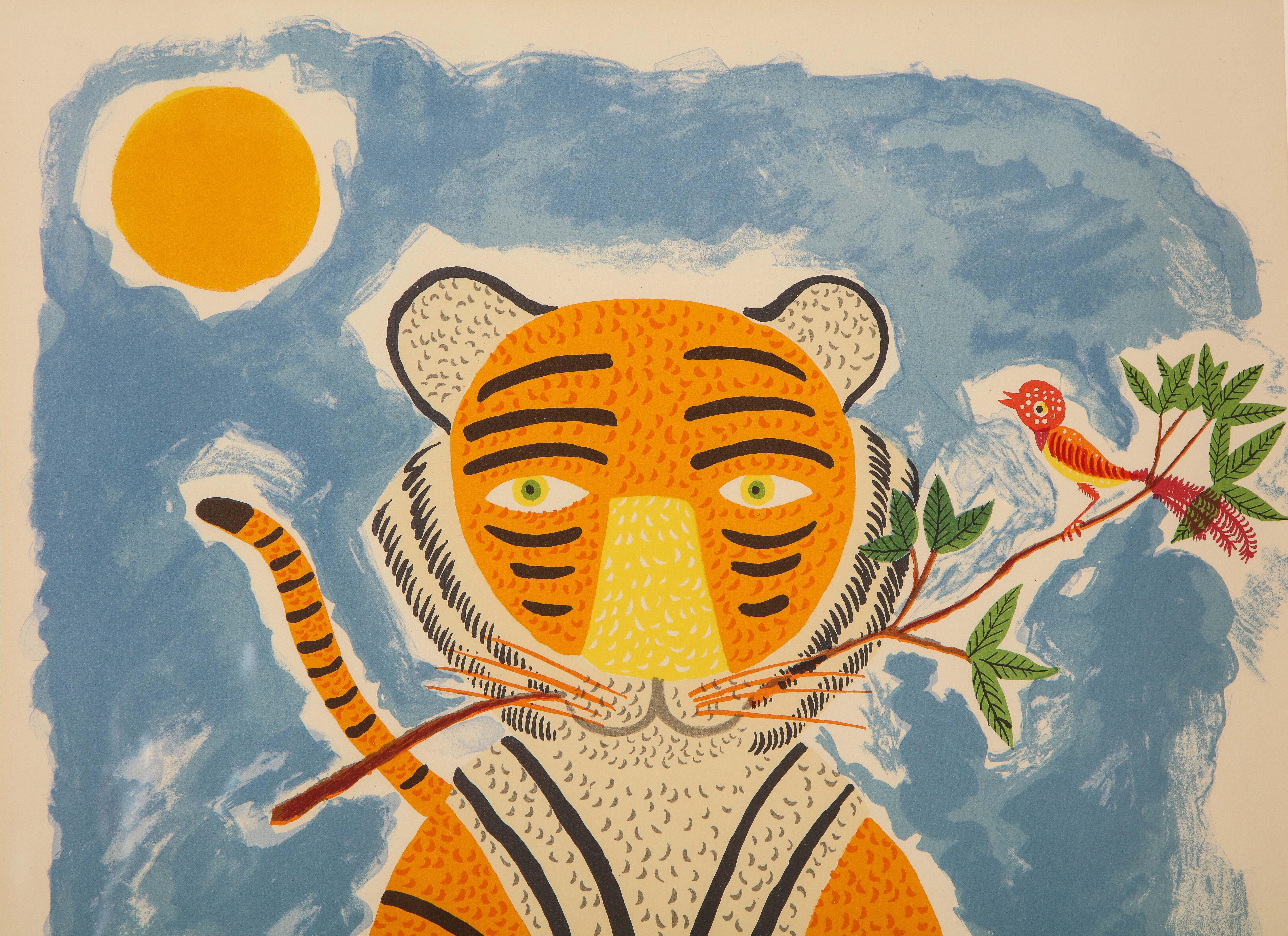 Late 20th Century Henri Maik Lithograph, Le Tigre, Orange, Blue, Signed and Numbered