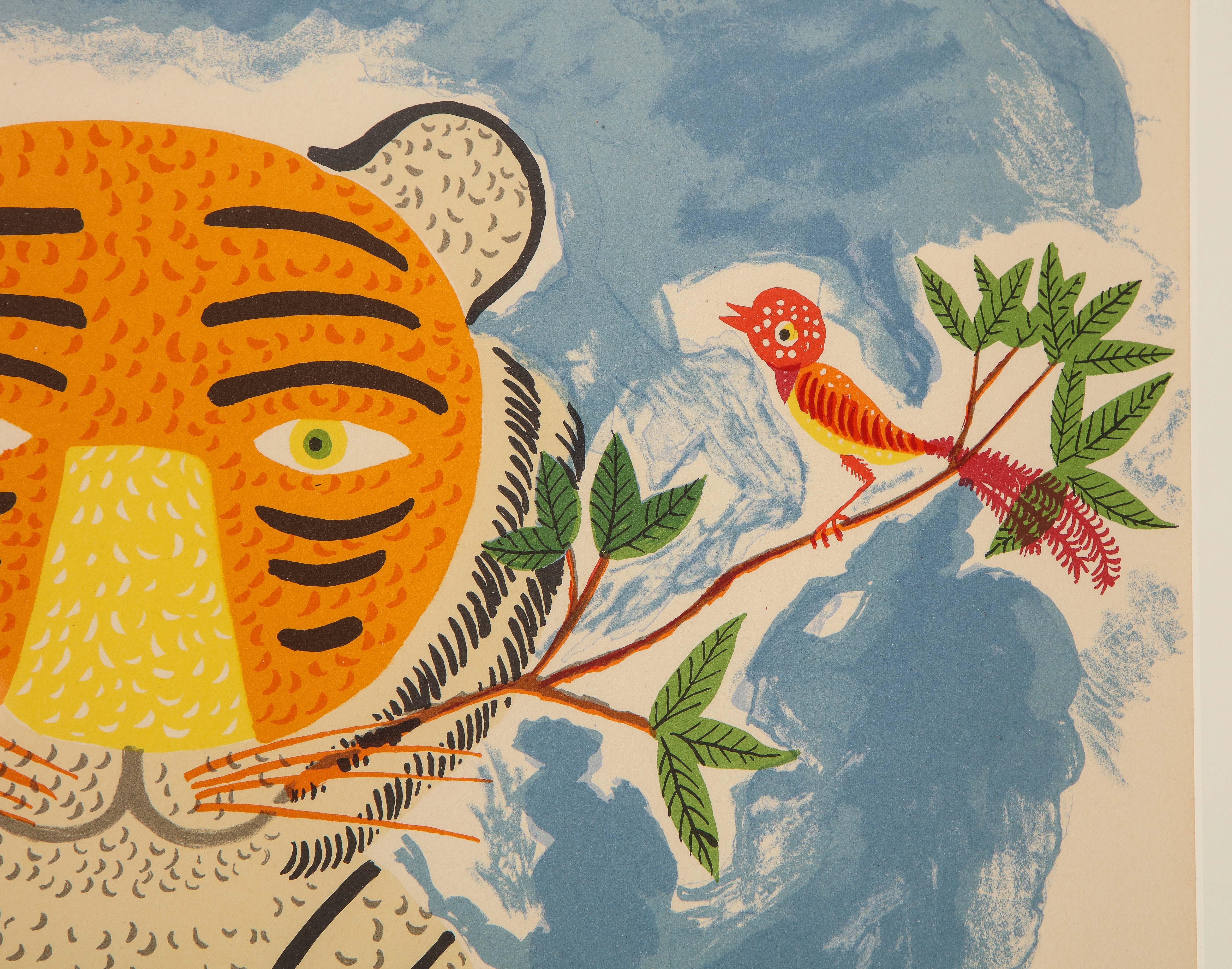 Paper Henri Maik Lithograph, Le Tigre, Orange, Blue, Signed and Numbered