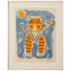 Henri Maik Lithographie:: Le Tigre:: Orange:: Bleu:: Signé et Numéroté