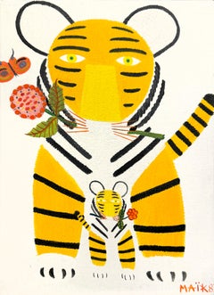 Henri Maïk "Comme maman" 1983 tela ad olio Tigre, cucciolo, farfalla e fiori FRANCESE