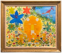 Henri Maïk "Les trois freres" Öl/Leinwand mit Löwenjungen Vögeln Blumen 1982 FRANKREICH