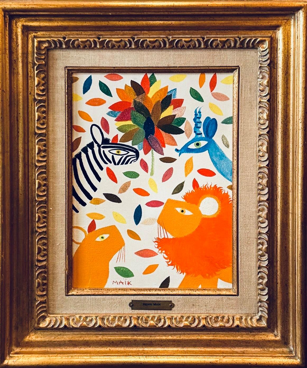 Wally Findlay Peinture à l'huile naïve Afrique du Sud ZEBRA LION & Gazelles - Painting de Henri Maik