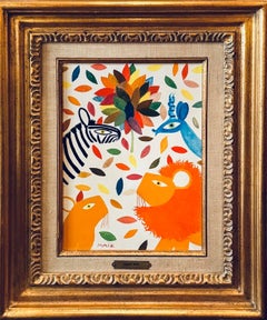 Wally Findlay Peinture à l'huile naïve Afrique du Sud ZEBRA LION & Gazelles