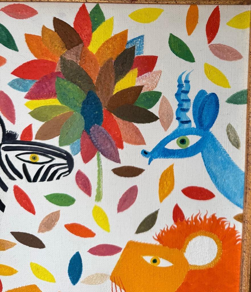 Wally Findlay Peinture à l'huile naïve Afrique du Sud ZEBRA LION & Gazelles - Beige Animal Painting par Henri Maik