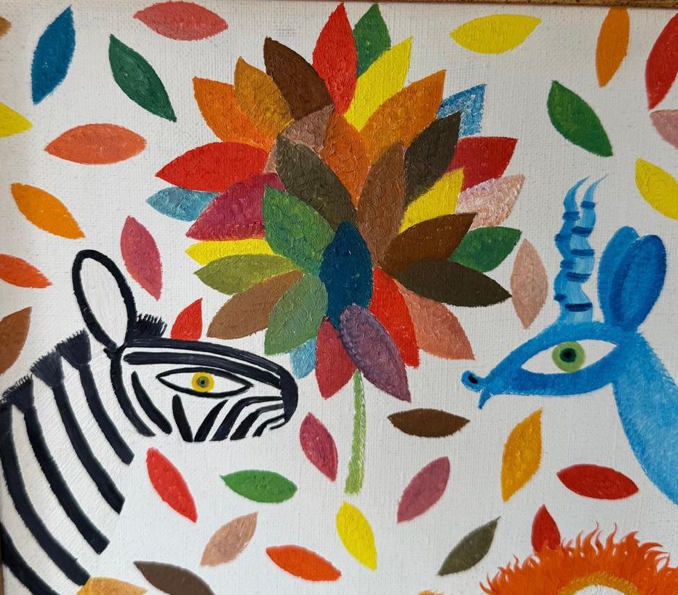 Henri HENRY
Huile sur toile
13x10 pouces peinture seule
21x17 pouces avec cadre
Signé en bas à gauche
Étiquette de la Wally Findlay Gallery (a) Gallery verso

Charmante peinture d'Henri Maik, représentant un lion, un tigre, un zèbre et une