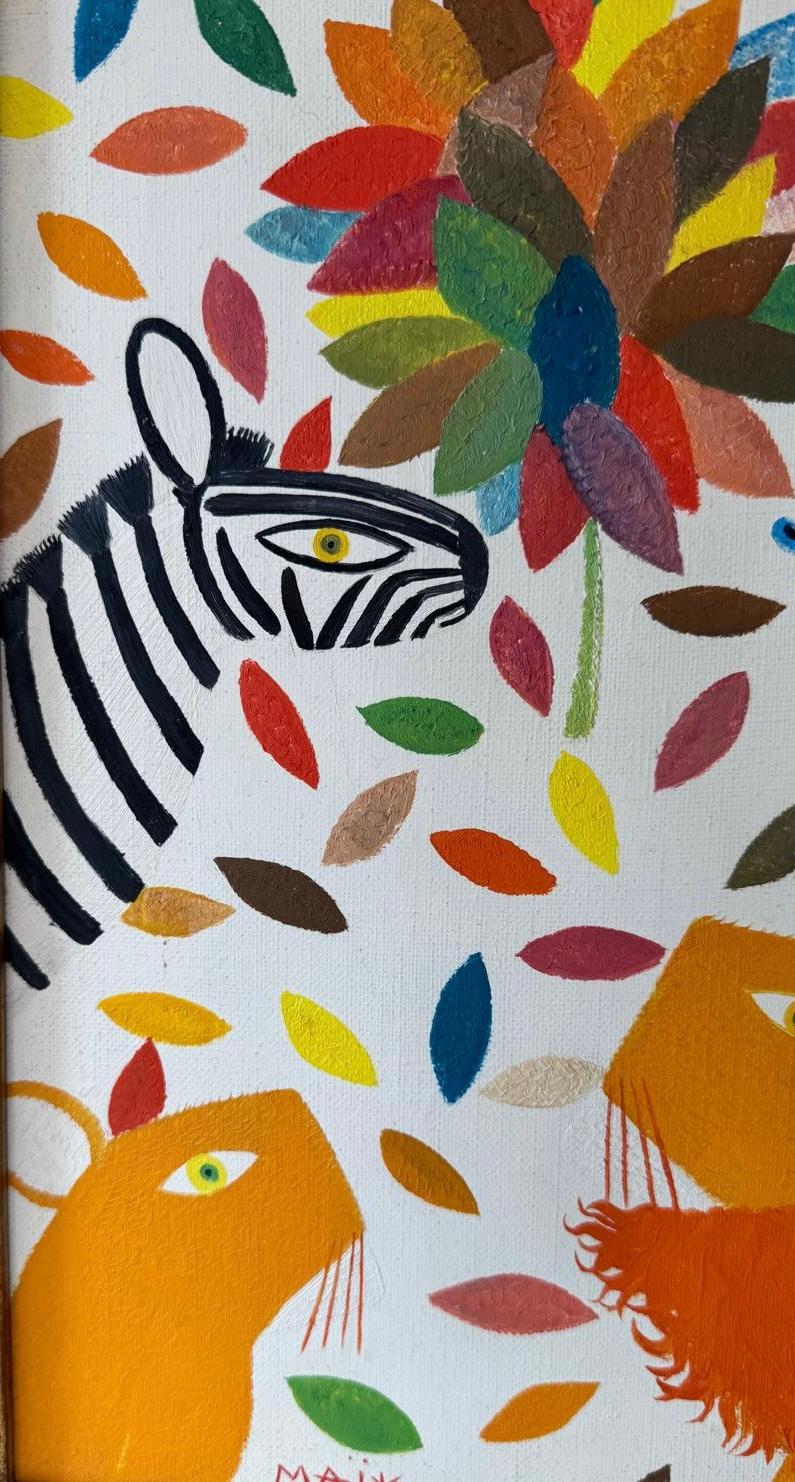 Wally Findlay Peinture à l'huile naïve Afrique du Sud ZEBRA LION & Gazelles en vente 1