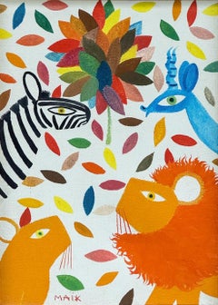 Wally Findlay Peinture à l'huile naïve Afrique du Sud ZEBRA LION & Gazelles