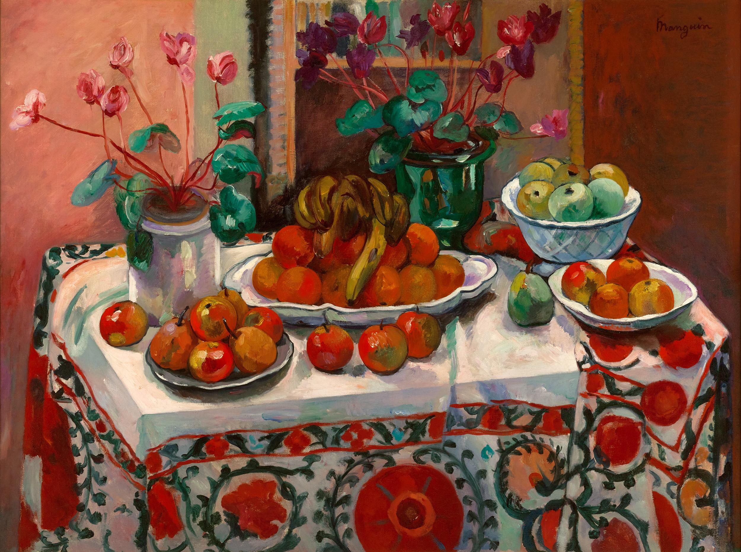 Henri Manguin
1874-1949  French

Nature morte aux cyclamens

Oil on canvas
Signed "Manguin" (upper right)

Brilliant color and expressive brushwork radiate from this Fauvist masterpiece by Henri Manguin entitled Nature morte aux cyclamens. Such a