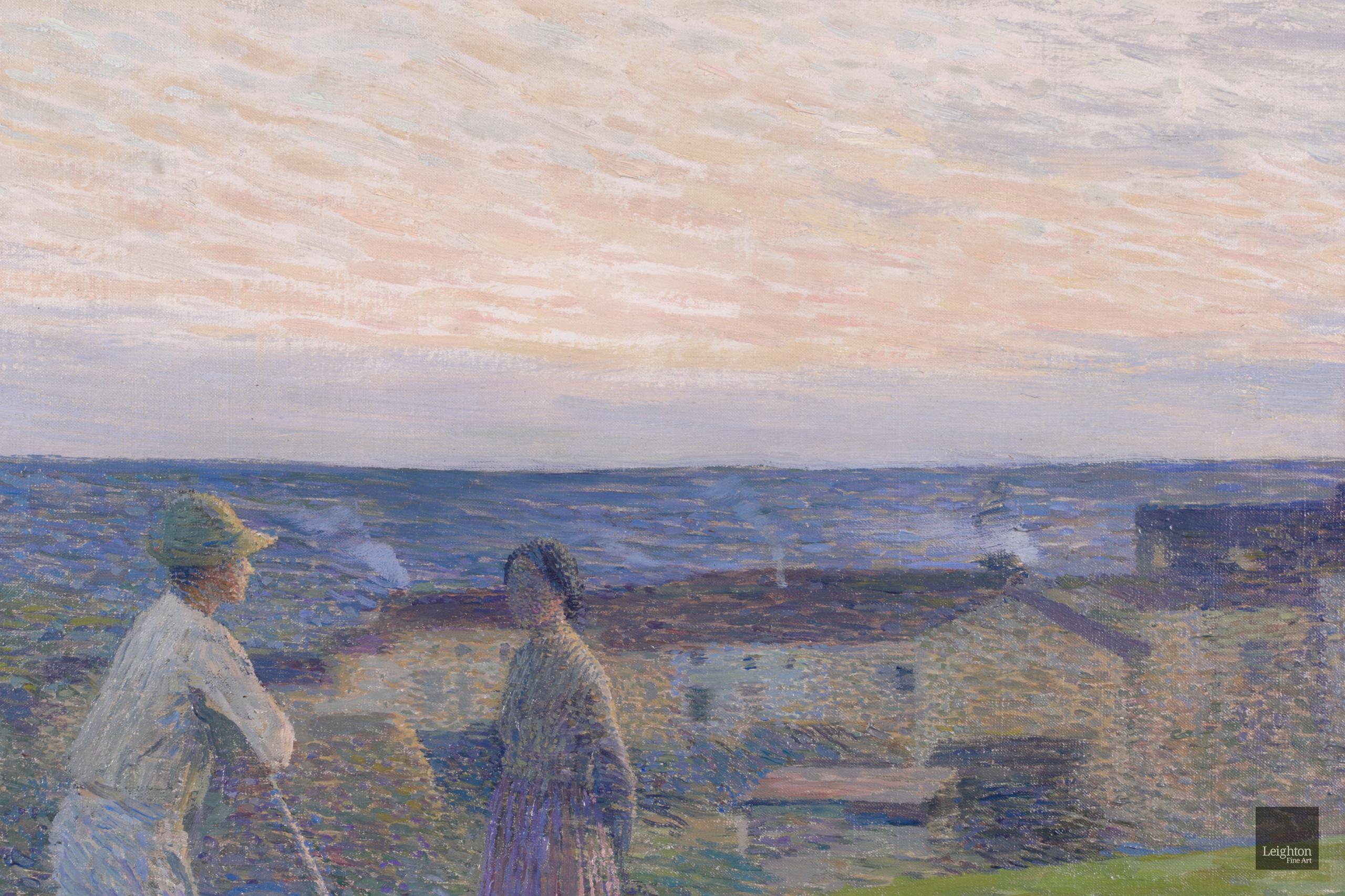 Superbe huile divisionniste sur panneau vers 1895 par le très recherché peintre post-impressionniste français Henri Martin. L'œuvre représente un ouvrier dans un champ, appuyé contre sa faux, alors qu'il parle à une femme tenant un panier derrière